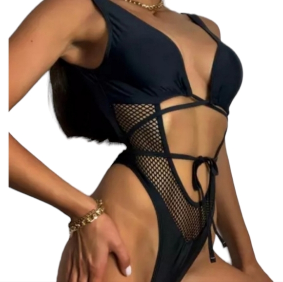 SWIMWEAR RAVE L BLACK & MESH ONE PIECE SEXY HOLLOWED OUT TIE UP TIE UP - Picture 2 of 4